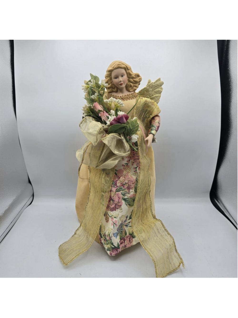Vintage Angel Porcelain Christmas Tree Topper Floral Tapestry Dress Gold Ribb 14